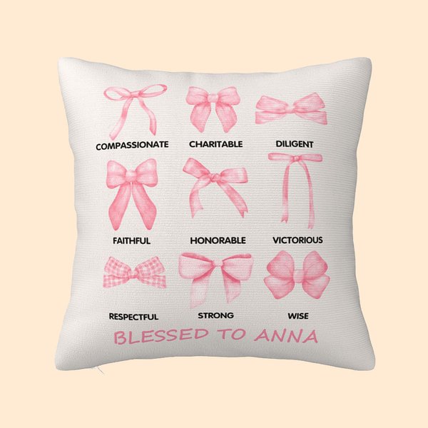Personalised Coquette Bow Charitable Blessed Words of Bible Throw Pillow Cover with Name Christian Birthday Gift for Family