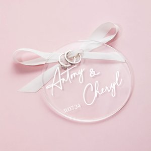 Personalised Clear Acrylic Wedding Ring Holder Plate with Ribbon and Engraved Name Date Location Engagement Wedding Gift for Couple