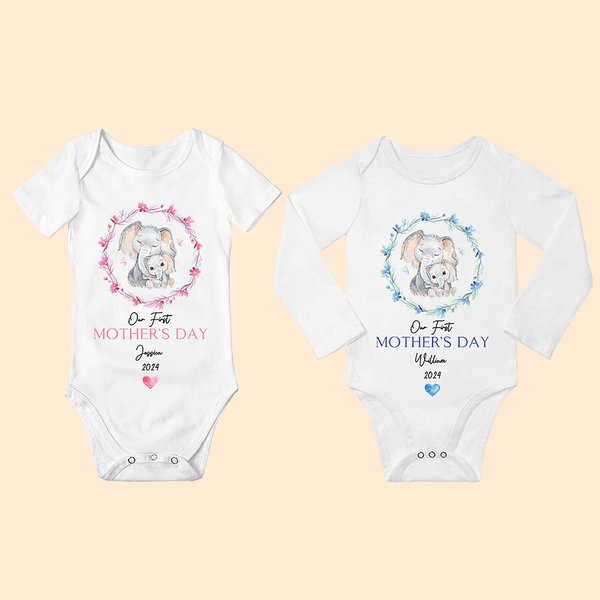 Personalisierte Kranz Elefant unsere erste Muttertag 100% Baumwolle Baby Strampler und T-Shirt mit Namen Muttertag Geburtstag Geschenk für Kind Mama