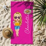 Personalisiertes saugfähiges Cartoon Mädchen Strandtuch mit Geburtsblume und Namen Mehrfarbiges weiches Handtuch Urlaub Strand Geschenk für Freunde