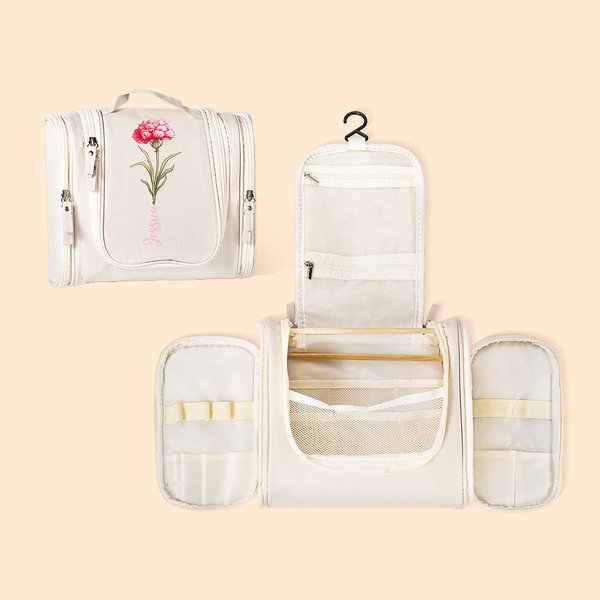 Trousse de Toilette Personnalisée avec Fleur de Naissance et Nom Sac Imperméable Grande Capacité avec Crochet Cadeau Anniversaire Voyage pour Femme