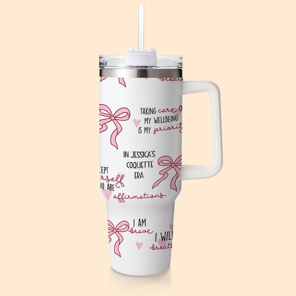 Personalized Multi-colour Coquette Bow Blessed Words of Bible 40oz Tumbler with Text and Straw Inspirational Birthday Gift for Her