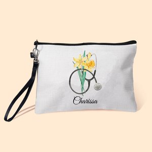 Sac de Maquillage en Lin Personnalisé avec Fleur de Naissance et Nom Motif Stéthoscope Cadeau d'Anniversaire pour Infirmière Personnel Médical