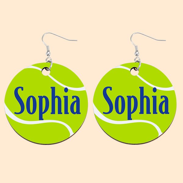 Personalised Wooden Tennis Sport Dangle Earrings with Name Birthday Gift for Women Girls