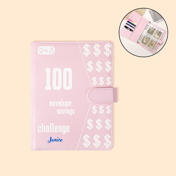 Personalised 100 Envelopes Money Saving Challenge Leather Binder with Name Card Slot and Stickers Gift for Couples