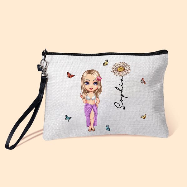 Trousse de Maquillage Personnalisée avec Nom et Personnage Fille Accessoire de Plage Cadeau Mariage Anniversaire Fête pour Femme