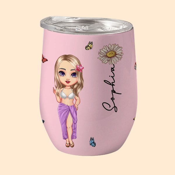 Gobelet Tumbler 350 ml Personnalisé avec Nom Fleur de Naissance et Fille de Plage Cadeau Anniversaire Mariage Fête de Plage pour Elle