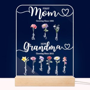 Personalisierte erste Mama jetzt Oma Aquarell Geburt Blume LED-Nachtlicht mit hölzernen Basis Muttertag Geburtstag Geschenk für Familie