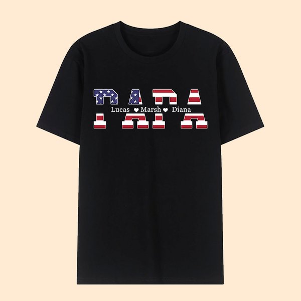 Gepersonaliseerd Amerikaans Vlagontwerp 100% Katoenen T-shirt met kindernamen Vaderdag Amerikaans Onafhankelijkheidsdag Cadeau voor Papa Opa