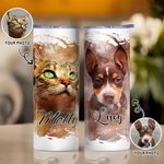 Personalised Watercolour Painting Pet Portrait Photo 20oz Skinny Tumbler with Straw and Cleaning Brush Birthday Memorial Gift for Pet Lovers