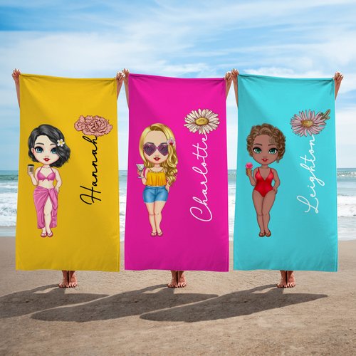 Serviette de plage en 65% coton personnalisée avec fleur de naissance personnage et nom - Linge doux séchage rapide - Cadeau de vacances pour femme
