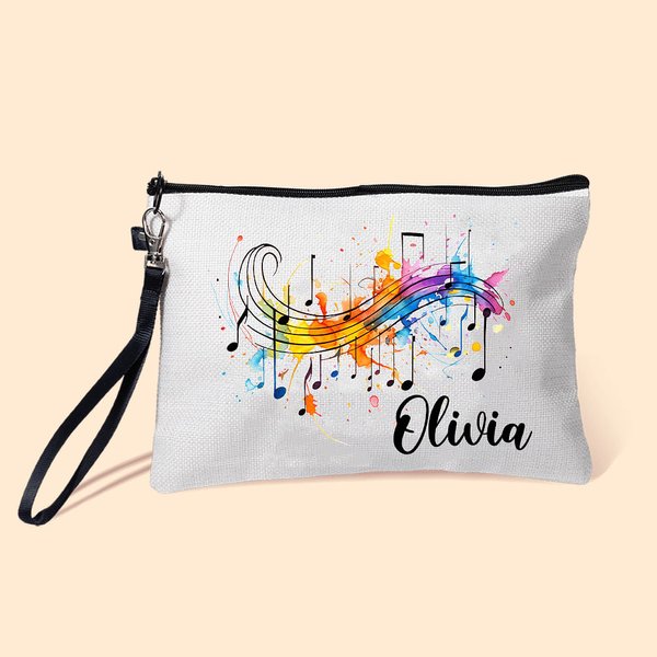 Sac Cosmétique Personnalisé avec Nom à Notes de Musique Cadeau Anniversaire pour Enseignant Mélomane