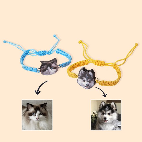 Bracelet Tressé Réglable Fait à la Main Personnalisé avec 1-3 Portraits d'Animal Cadeau d'Anniversaire pour Amoureux des Animaux de Compagnie