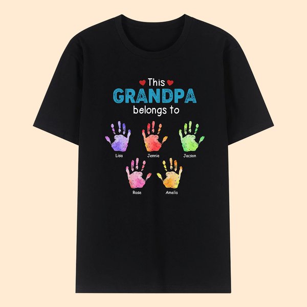 Gepersonaliseerd Hoort bij Aquarel Familie Handafdruk 100% Katoenen T-shirt met Naam en Bijnaam Vaderdag Verjaardagscadeau voor Papa Opa