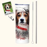Personalised Watercolour Painting Pet Portrait Photo 20oz Skinny Tumbler with Straw and Cleaning Brush Birthday Memorial Gift for Pet Lovers
