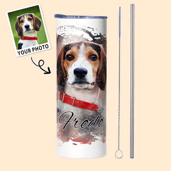 Personalised Watercolour Painting Pet Portrait Photo 20oz Skinny Tumbler with Straw and Cleaning Brush Birthday Memorial Gift for Pet Lovers