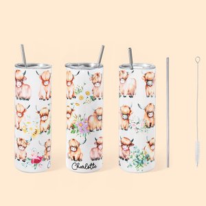 Personalized Cute Boho Floral Highland Cow 20oz 30oz Tumbler with Name and Straw Birthday Gift for Highland Cow Lover