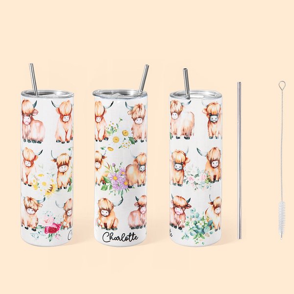 Gepersonaliseerde Schattige Boho Bloemen Highland Koe 20oz 30oz Tumbler met Naam en Rietje Verjaardagscadeau voor Highland Koe Liefhebber