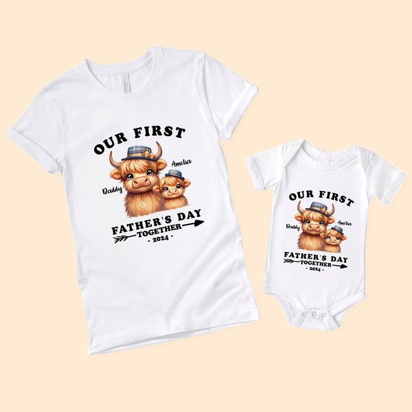 T-shirt Onesie Bébé 100% Coton Personnalisé avec Nom Vêtements Parents-enfants Vache de Highland Cadeau Fête des Pères pour Nouveau Papa