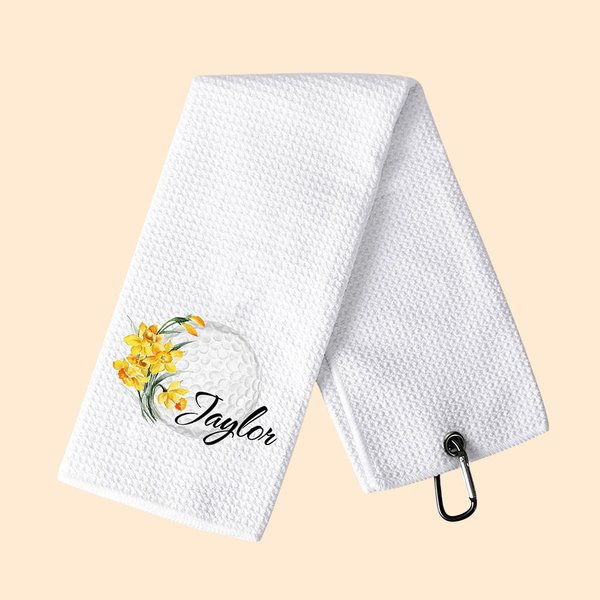 Personalized Soft Birth Flower Ladies Golf Towel with Name and Hanging Clip Super Absorbent Birthday Gift for Golf Lover