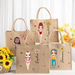 Personalizzato Cartoon Ragazza Donne Nascita Fiore Juta Tote Bag con Nome Compleanno Anniversario Regalo per Lei
