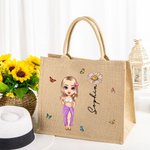 Personalizzato Cartoon Ragazza Donne Nascita Fiore Juta Tote Bag con Nome Compleanno Anniversario Regalo per Lei