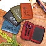 Personalised Birth Flower Name Leather Notebook Organizer with Notebook and Pen Storage Travel Accessory Birthday Gift for Travel Lovers