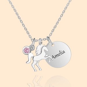 Personalized Fantasy Unicorn Necklace with Birthstone Charm and Engraved Name Disc Birthday Gift for Women Girls