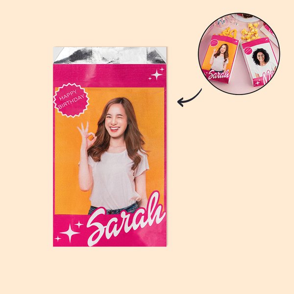 Personalizzati a prova di olio rosa bambola foto nome trattare sacchetti Set di 5 Compleanno laurea partito favore regalo per la ragazza