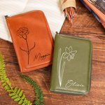 Personalised Birth Flower Name Leather Notebook Organizer with Notebook and Pen Storage Travel Accessory Birthday Gift for Travel Lovers