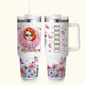 Gobelet de Rose et Papillon Personnalisé avec Nom et Personnage de Fille Cadeau d'Anniversaire et d'Amitié pour les Femmes