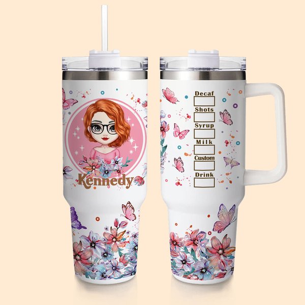 Personalisierte niedlichen Cartoon Mädchen rosa Blume Schmetterling 40oz Becher mit Namen Geburtstag Jahrestag Freundschaft Geschenk für Frauen