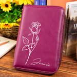 Personalised Birth Flower Name Leather Notebook Organizer with Notebook and Pen Storage Travel Accessory Birthday Gift for Travel Lovers