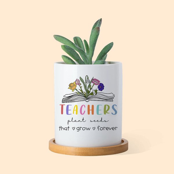 Pot de Plante avec Base en Hêtre Personnalisé avec 1-6 Fleurs de Naissance Cadeau Graduation Fête de l'Enseignant Remerciement pour Professeur