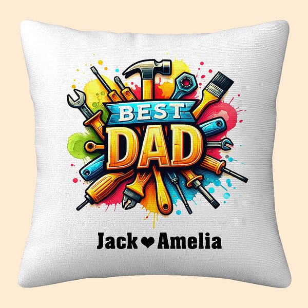 Personalised Best Dad Repair Tool Throw Pillow Cover with 1-8 Kid Names Father's Day Birthday Gift for Dad Grandpa