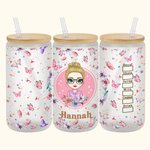Taza de vidrio esmerilado con tapa de bambú y pajita personalizada de dibujos animados rosa mariposa floral 20 oz regalo de cumpleaños para dama de ho