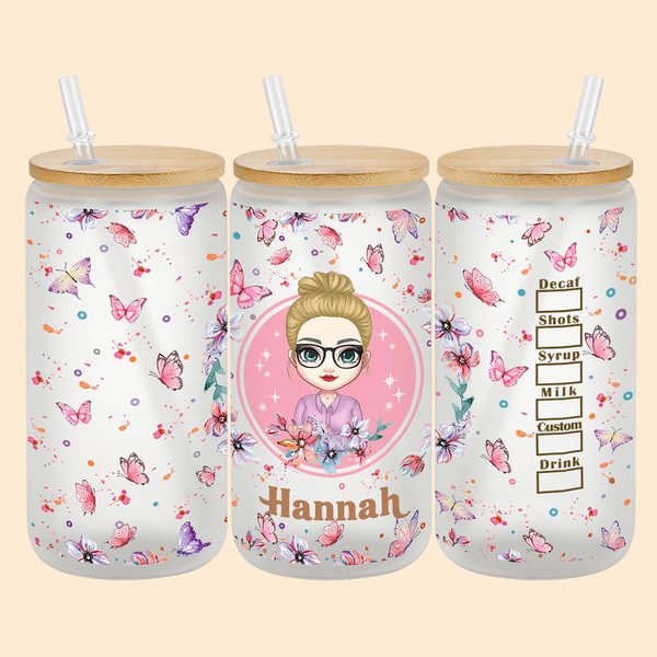 Gobelet en Verre Givré Personnalisé avec Nom et Personnage Verre avec Couvercle en Bambou et Paille Cadeau d'Anniversaire de Mariage pour Elle