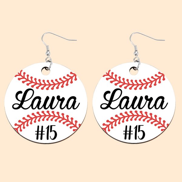 Boucles d'Oreilles Rondes en Bois Personnalisées avec Nom et Numéro Baseball Softball Cadeau d'Anniversaire pour les Amoureux du Sport