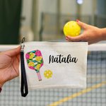 Gepersonaliseerd gestreept bloemen Pickleball linnen make-up tasje met naam en rits Verjaardagscadeau voor Pickleball liefhebber Coach