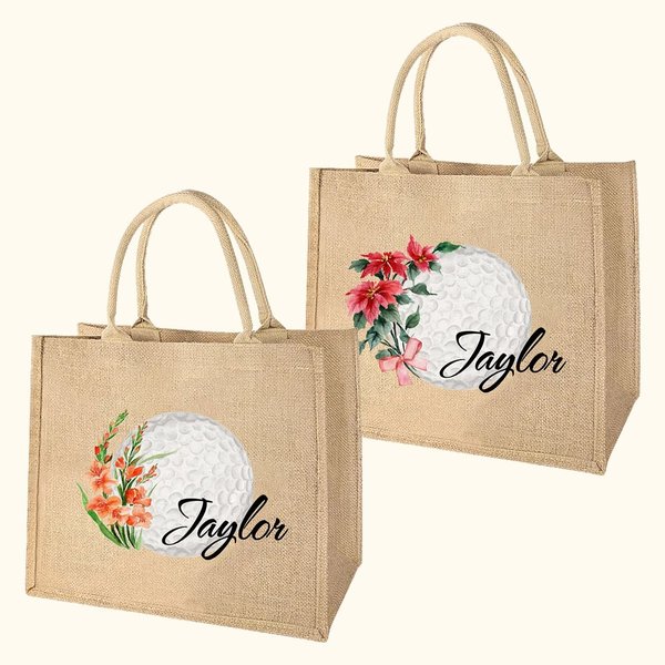 Bolsa de yute personalizada con nombre de acuarela flor de nacimiento Golf Accesorio de viaje de gran capacidad Regalo de cumpleaños Día del partido para amante del golf