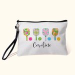 Gepersonaliseerd gestreept bloemen Pickleball linnen make-up tasje met naam en rits Verjaardagscadeau voor Pickleball liefhebber Coach