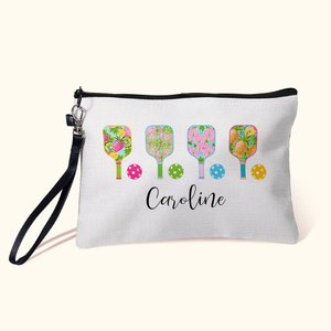 Borsa per il trucco in lino personalizzata a strisce e fiori con nome e cerniera Regalo di compleanno per l'allenatore amante del pickleball