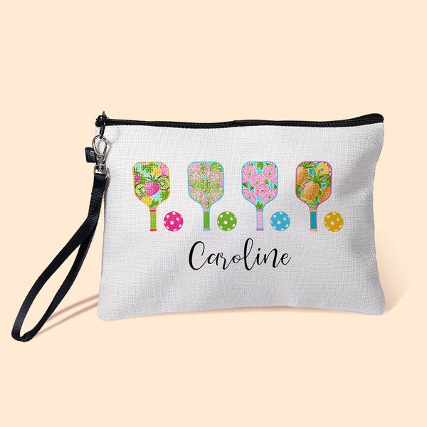 Bolsa de maquillaje de lino personalizada con nombre y cremallera para amantes del pickleball