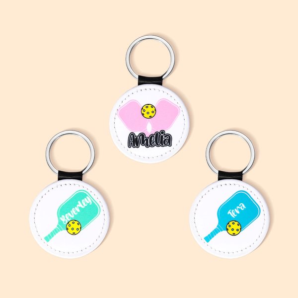Llavero personalizado de cuero de PU multicolor de Pickleball con nombre Regalo de cumpleaños para los amantes del deporte