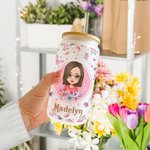 Taza de vidrio esmerilado con tapa de bambú y pajita personalizada de dibujos animados rosa mariposa floral 20 oz regalo de cumpleaños para dama de ho