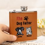 Personalised The Dog Cat Father Food-Grade Stainless Steel 6oz Whiskey Flask with Leather Cover and Name Father's Day Gift for Dad Pet Lover
