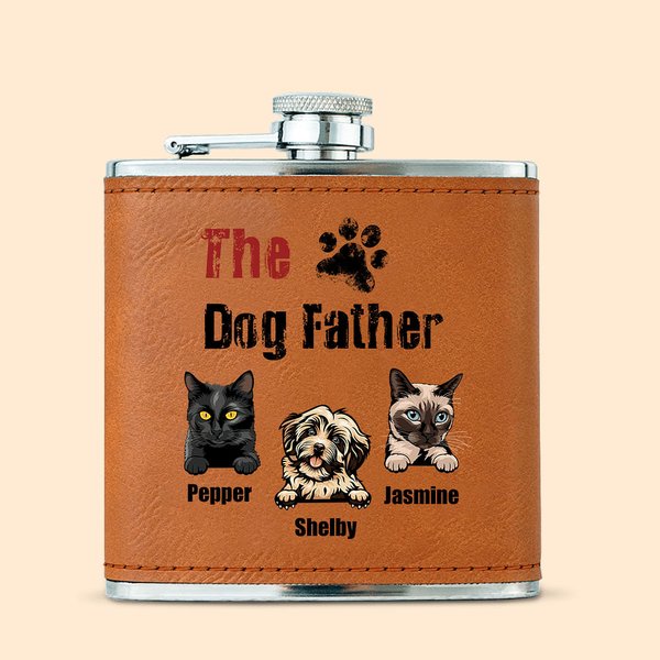 Personalised The Dog Cat Father Food-Grade Stainless Steel 6oz Whiskey Flask with Leather Cover and Name Father's Day Gift for Dad Pet Lover