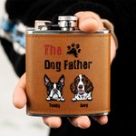 Personalised The Dog Cat Father Food-Grade Stainless Steel 6oz Whiskey Flask with Leather Cover and Name Father's Day Gift for Dad Pet Lover