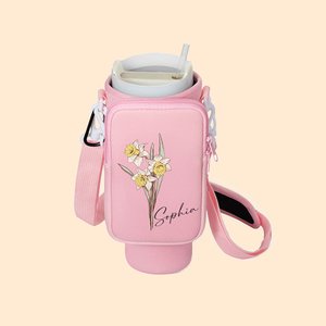Personalised Waterproof Birth Flower Name Water Bottle Carrier Bag with Removable Pouch for 40oz Stanley Tumbler Birthday Gift for Family Friend