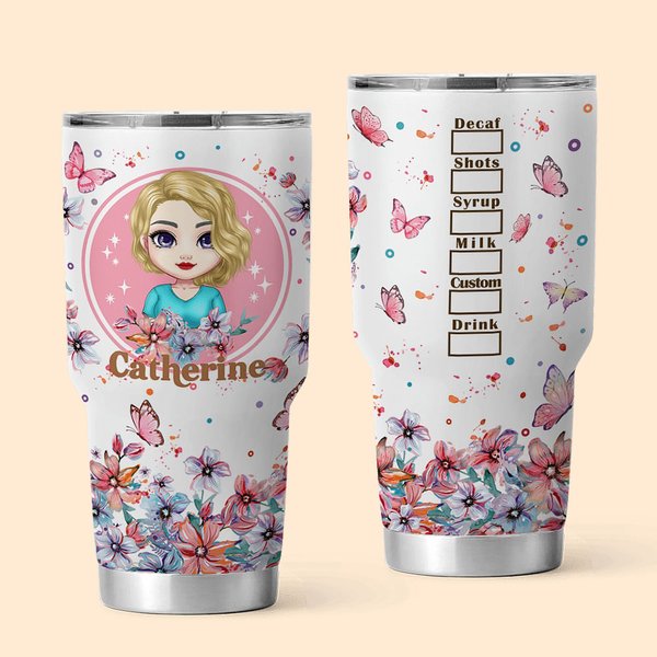 Personalizzato rosa Cartoon Girl Floral Butterfly 30 oz Tumbler con nome Compleanno Damigella d'onore regalo per le donne